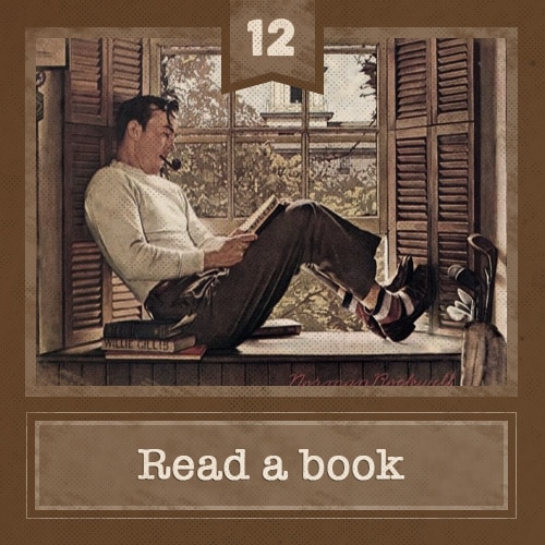 Man sitting in windowsill reading & smoking pipe illustration.