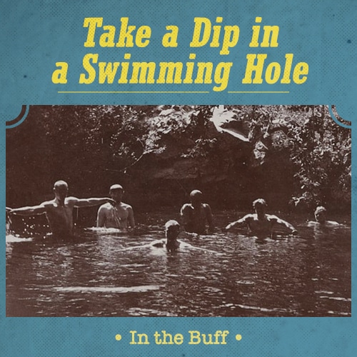 Vintage men taking dip in a swimming hole.