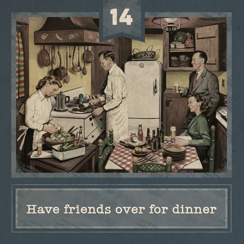 Vintage party having friends over for dinner illustration.