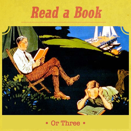 Father and son reading book at outside illustration.