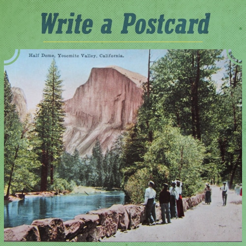 Vintage men seeing postcard in valley.
