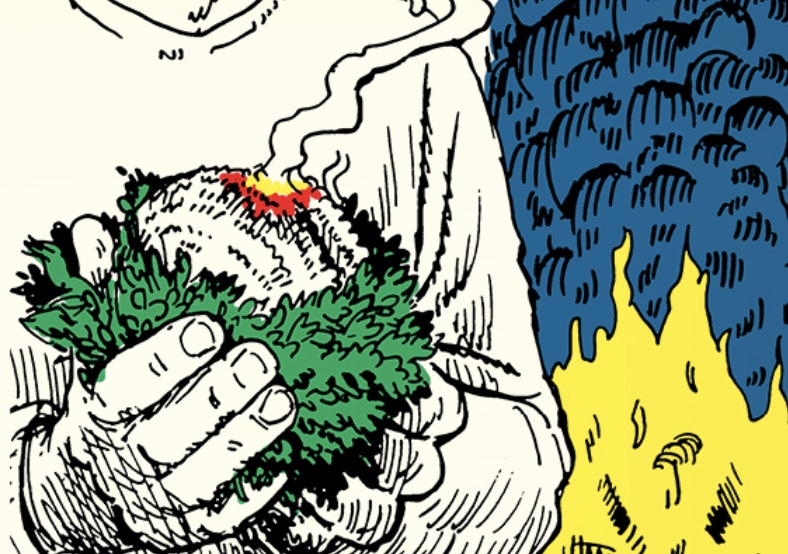 An illustration of a man carrying fire and holding a plant.