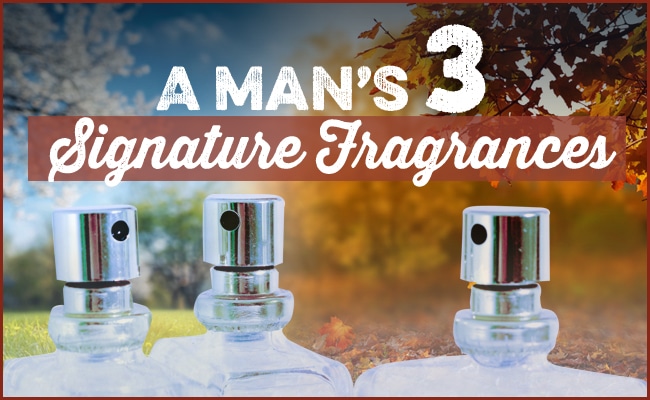 Three cologne bottles in front of a split background—blue sky and grass on the left, autumn leaves on the right; text reads "A Man's 3 Signature Fragrances." Discover the best men's cologne for every season.