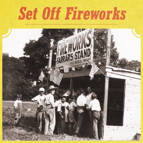 Vintage boys standing around fireworks shop.