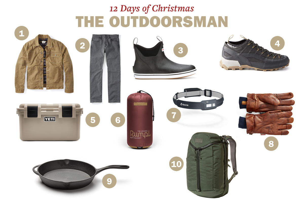 A collection titled "12 Days of Christmas: The Outdoorsman" featuring a jacket, pants, boots, hiking shoes, cooler, sleeping bag, headlamp, gloves, cast iron skillet, and a backpack.