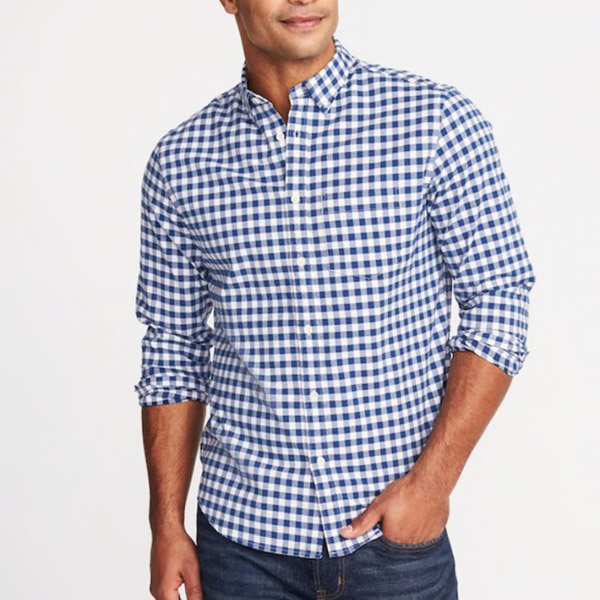 Man wearing Gingham shirt.