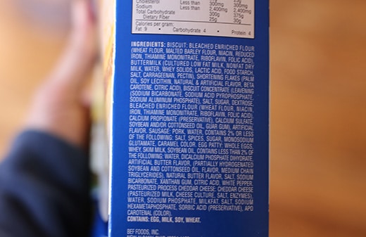 List of Ingredients for Bob Evans breakfast sandwiches.