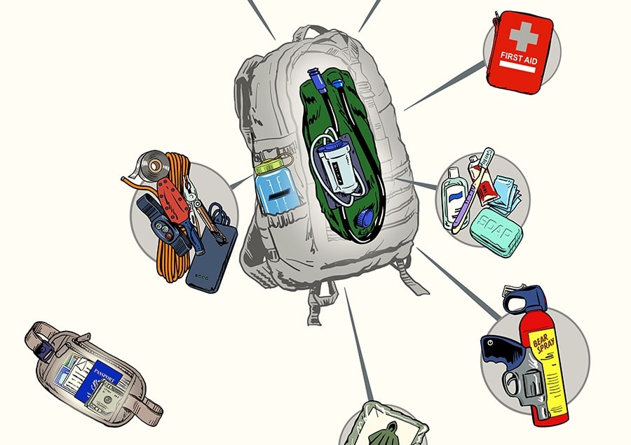 Illustration of a BugOut Bag packed with essential camping items like a water bottle, flashlight, multitool, first aid kit, cash, canned food, and bear spray. Each item is displayed in separate circles around the survival pack.