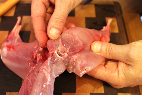 Man seeing the rabbit meat of hip joint.