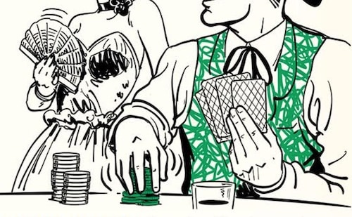 Illustration of people at a gambling table, one holding cards and another shuffling poker chips.