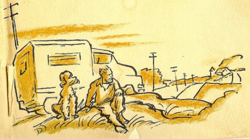 A drawing of John Steinbeck and a dog in front of a camper during a road trip.