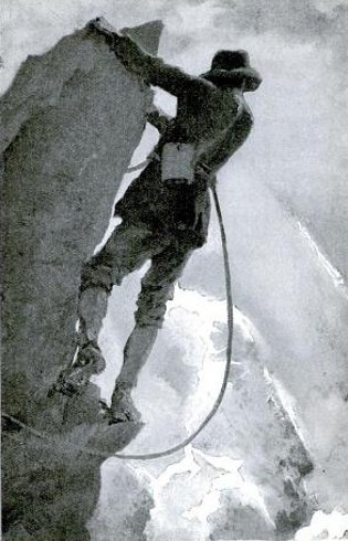 A black and white illustration capturing the gains of a man climbing a mountain.