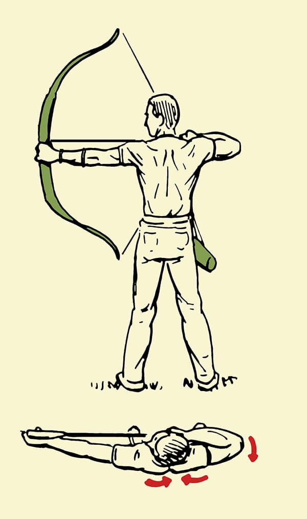 Archer man drawing bow and arrow back illustration. 