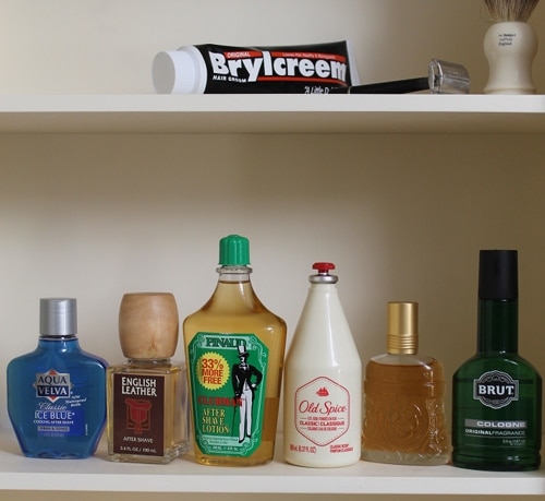 drugstorecolognes Vintage aftershave medicines and shaving cream in a cabinet.