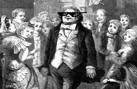 A vintage illustration captures a group of people surrounding a central figure wearing pixelated sunglasses, exuding that Baller energy reminiscent of Fezziwig's legendary charm.