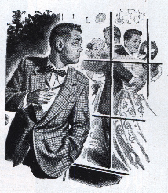 An illustration of a man in a black suit looking out a window.