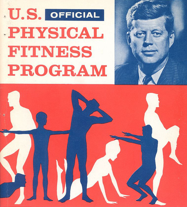 Vintage man and people are working out in a poster.