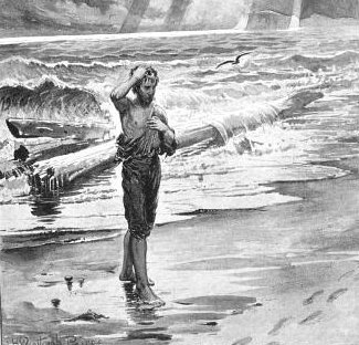 A black and white illustration of a boy standing on the beach, inspired by Henry Wadsworth Longfellow's Psalm of Life.