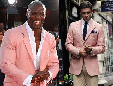 Men wearing pink coat.