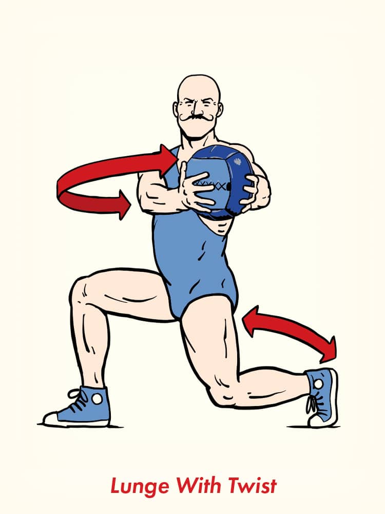 Illustration of a person doing a lunge with a twist, holding a medicine ball—arrows highlight arm, torso rotation, and lower body movement, demonstrating medicine ball exercises for full-body engagement.