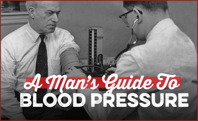 A doctor measures a man's blood pressure using a sphygmomanometer and stethoscope, with text reading "A Man's Guide To Blood Pressure"—your essential men's health blood pressure guide.