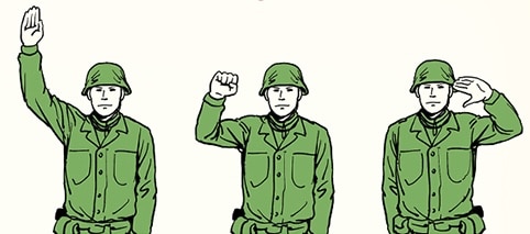 Illustration of a soldier in a green uniform demonstrating three different military hand signals: raising the arm, clenching a fist, and saluting, ideal for a field guide.