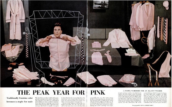 Life magazine article peak year for pink men clothing.