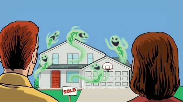A couple views a house with a "Sold" sign as ghostly dollar signs, the phantom costs of homeownership, float eerily around the property.