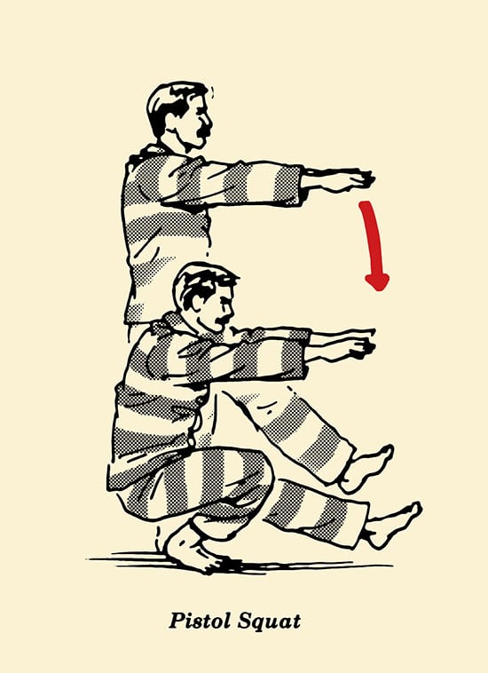 Pistol squat, prisoner workout, body weight exercises, convict conditioning, illustration.