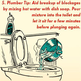 plumber pouring how water and soap into clogged toilet.