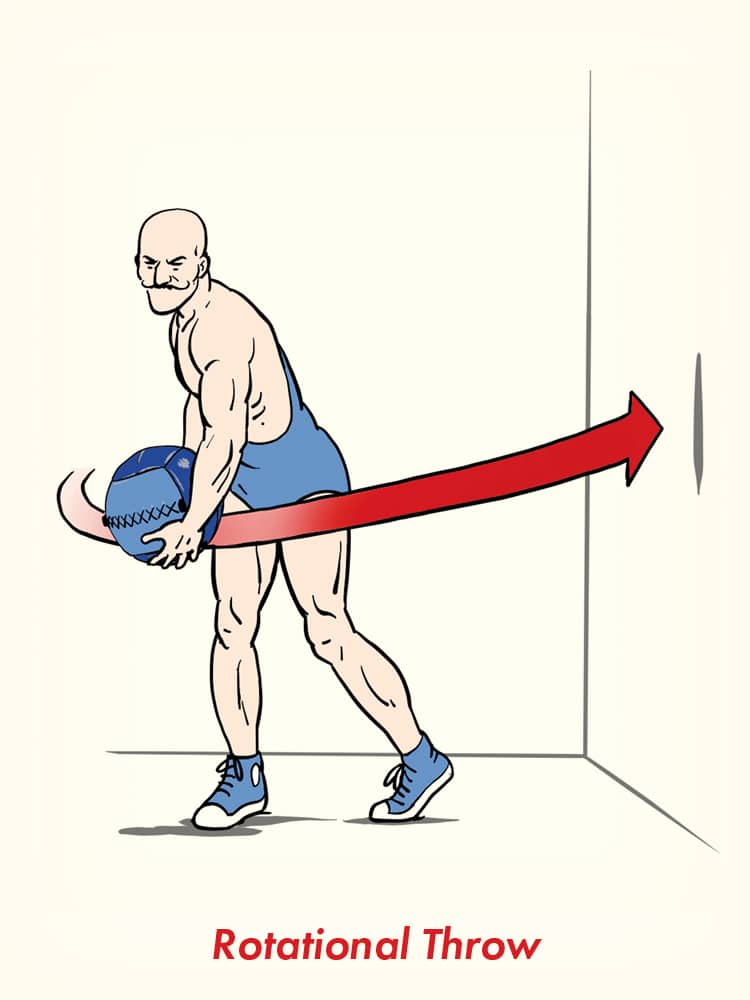 A muscular person in gym attire prepares to throw a weighted ball against a wall, demonstrating a rotational throw with a red arrow showing the movement path—an excellent example of medicine ball exercises.