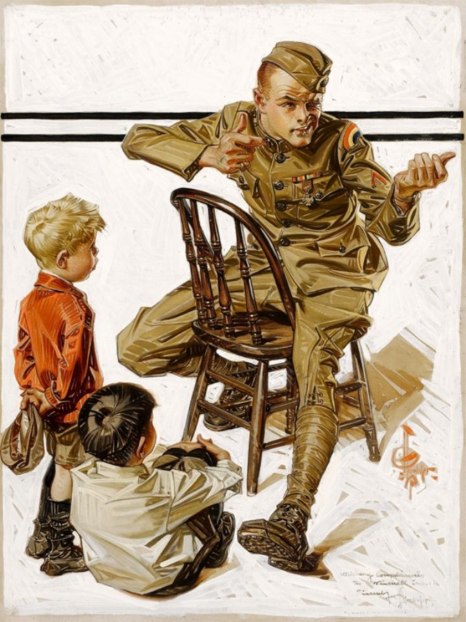 A soldier telling a group of children a story.