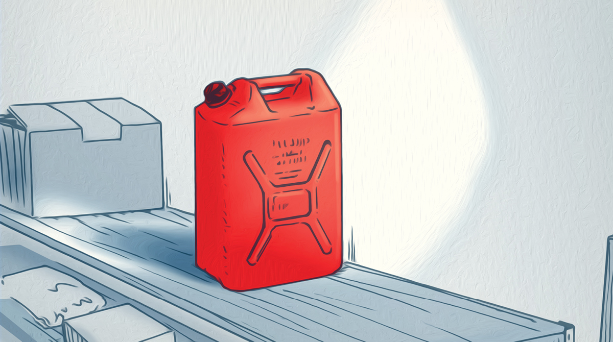 An illustration of a red gas can displayed on a shelf at the store.