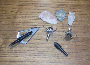 Some modern arrow points as compared to flint arrow heads.