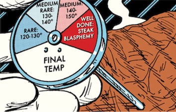 A person is holding a thermometer that reads the final temperature of a steak cooked on the grill.