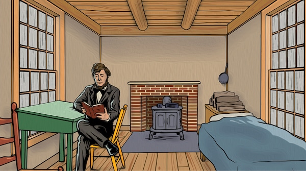 Man reading books in a simply furnished room with a wooden table, bed, and wood stove, occasionally pausing to ponder Thoreau quotes.