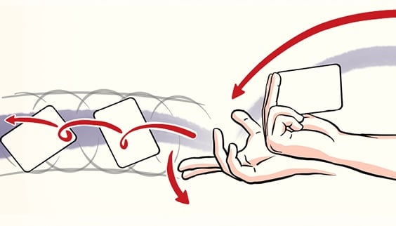 Illustration of a hand performing a card spinning trick with a playing card. Multiple arrows indicate movement, showing how to gracefully rotate the card around the fingers.