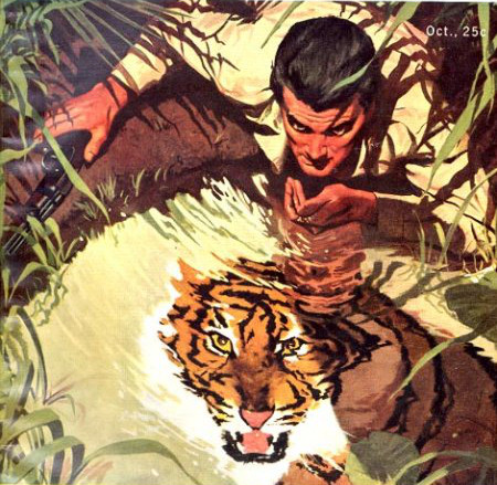 Vintage illustration Man drinking Water from Pond Tiger reflection.