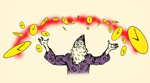 A Time Wizard with a wand, flicking coins in the air.