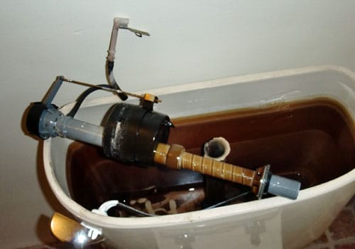 Old toilet guts inner parts in tank.