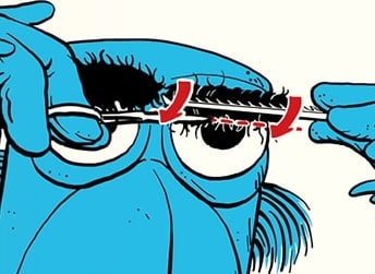 A cartoon character with blue skin is demonstrating how to trim their overly long eyelashes with scissors.