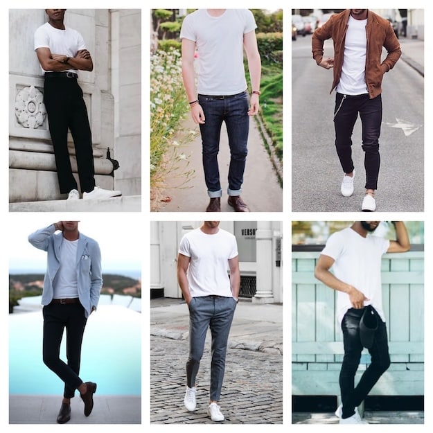Six men pose outdoors, each showing their unique style by demonstrating how to wear a classic white t-shirt with various pants, jackets, and shoes.