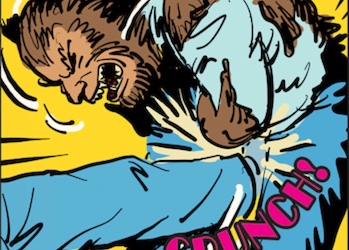 A comic book cover showing a man punching another man.