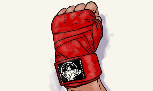 Illustration of a fist expertly wrapped in red hand wraps, reminiscent of a boxing champion's preparation, with an iconic logo featuring a person holding a microphone.
