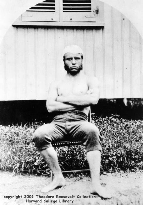 Teddy Roosevelt sitting on chair in college portrait.