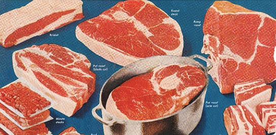 A picture of delicious steak cuts on a blue background.