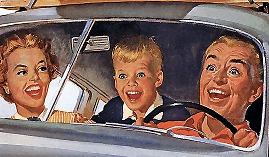 A painting of a family on a long road trip.