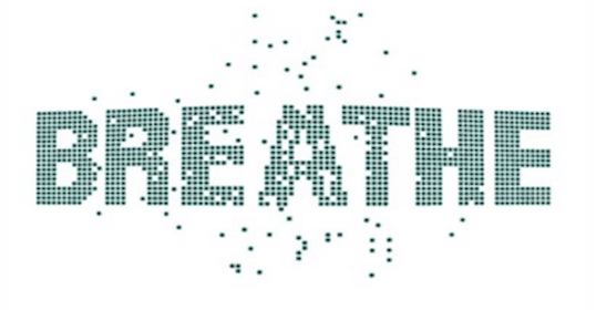 The word "breathe" is displayed in green dots on a white background, promoting health and mindful breathing.