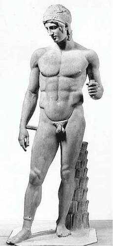 Ancient greek sculpture man with muscular physique. 