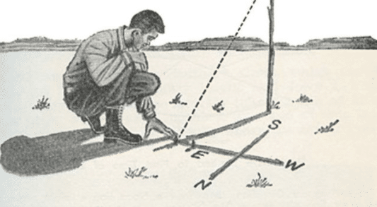 A man kneels on the ground with a compass in his hand, focusing on finding his direction.